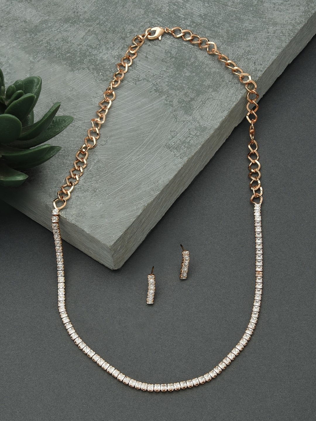 

AMI Rose Gold-Plated & White CZ-Studded Contemporary Cubic Jewellery Set