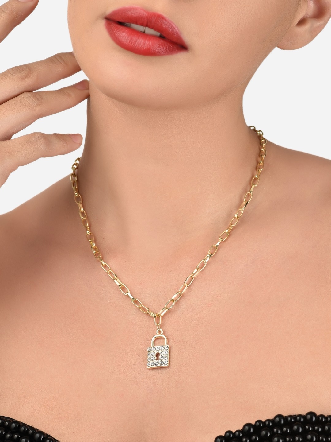 

AMI Gold-Toned & Gold-Plated Diamonds Embellished Lock Pendant With Linked Chain
