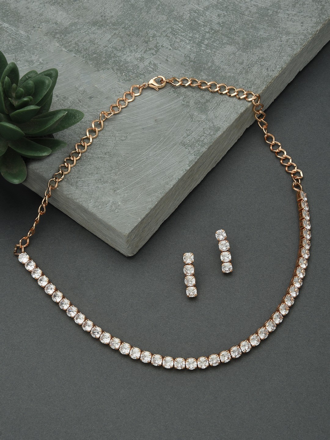 

AMI Rose Gold-Plated & White Cubic Zirconia Studded Brass Jewellery Set