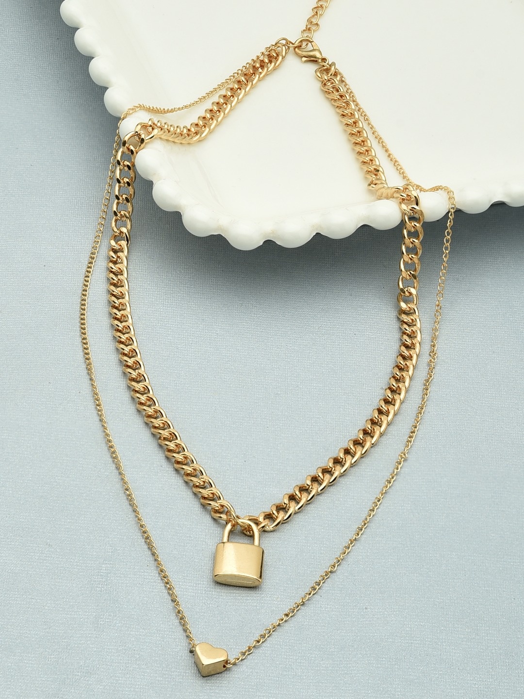 

AMI Gold-Toned & Gold-Plated 2Layered Lock & Heart Charm Contemporary Chain