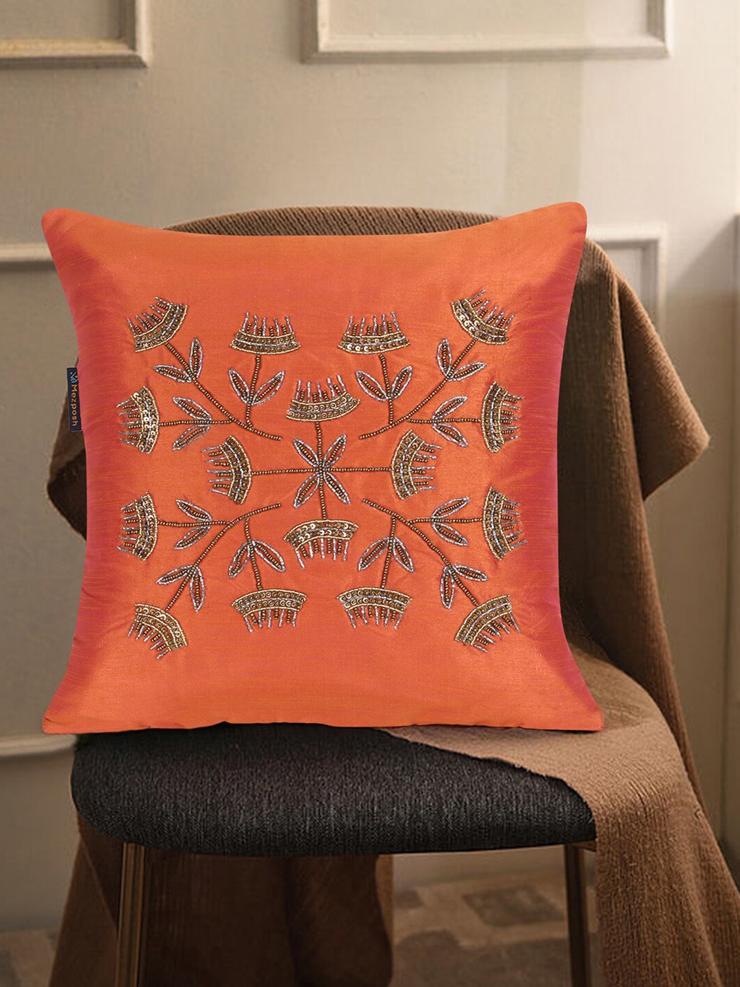 

Mezposh Rust & Gold-Toned Ethnic Motifs Embellished Square Cushion Covers