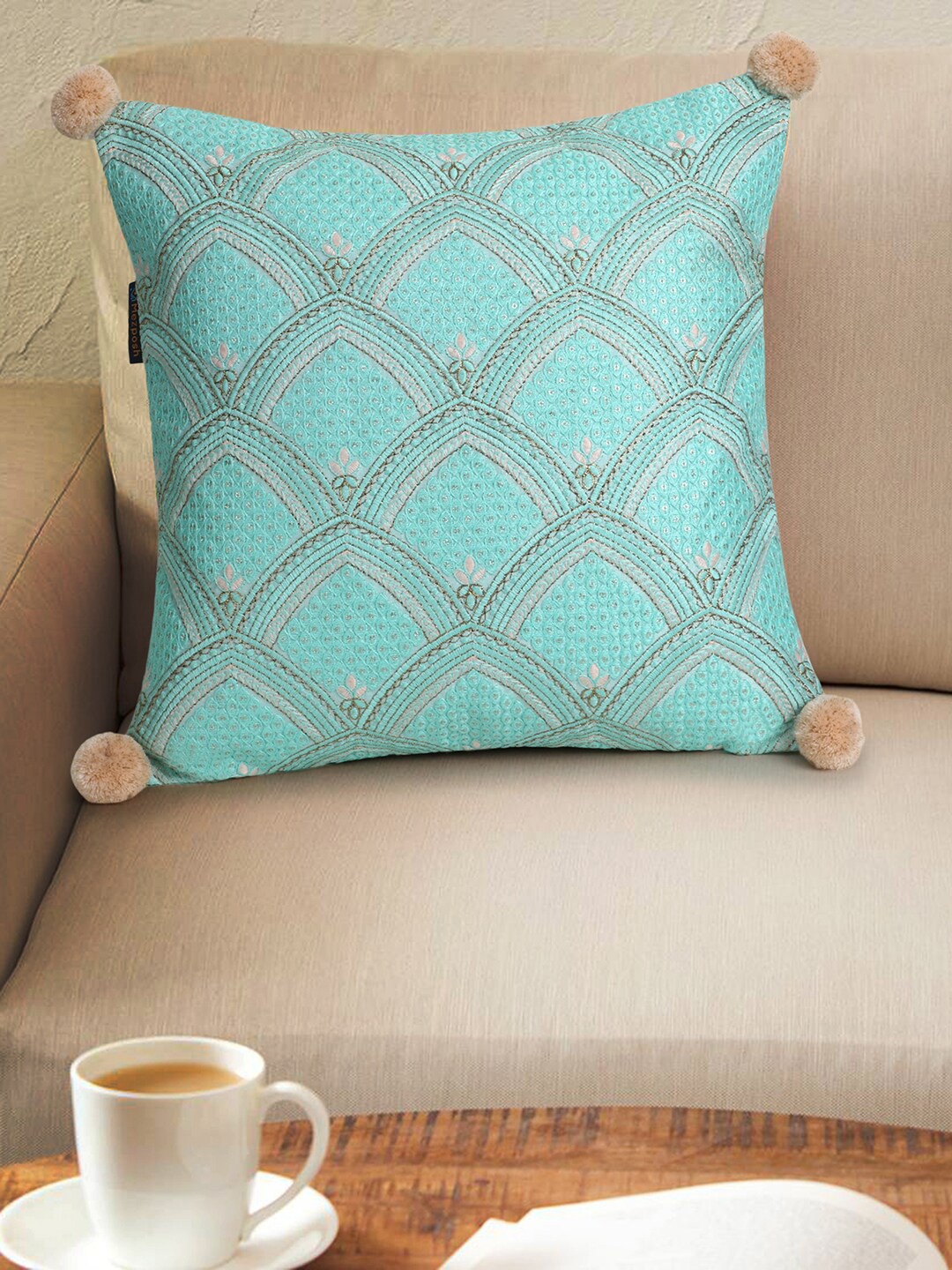 

Mezposh Sea Green & Beige Embroidered Square Cushion Covers