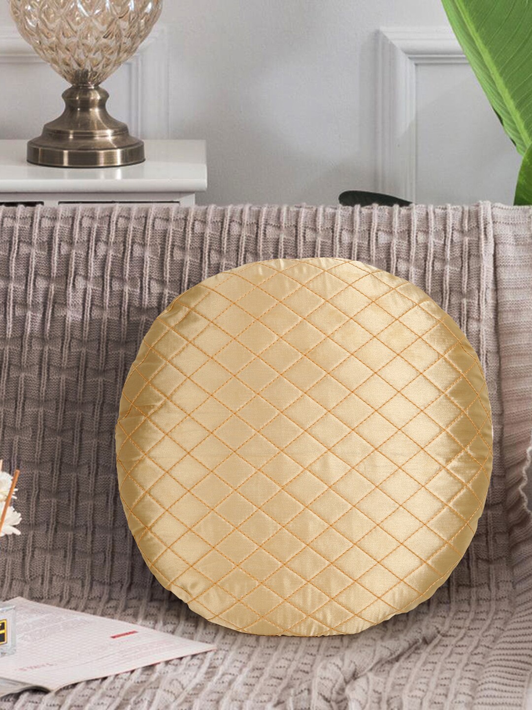 

Mezposh Cream-Coloured Quilted Satin Round Cushion Covers