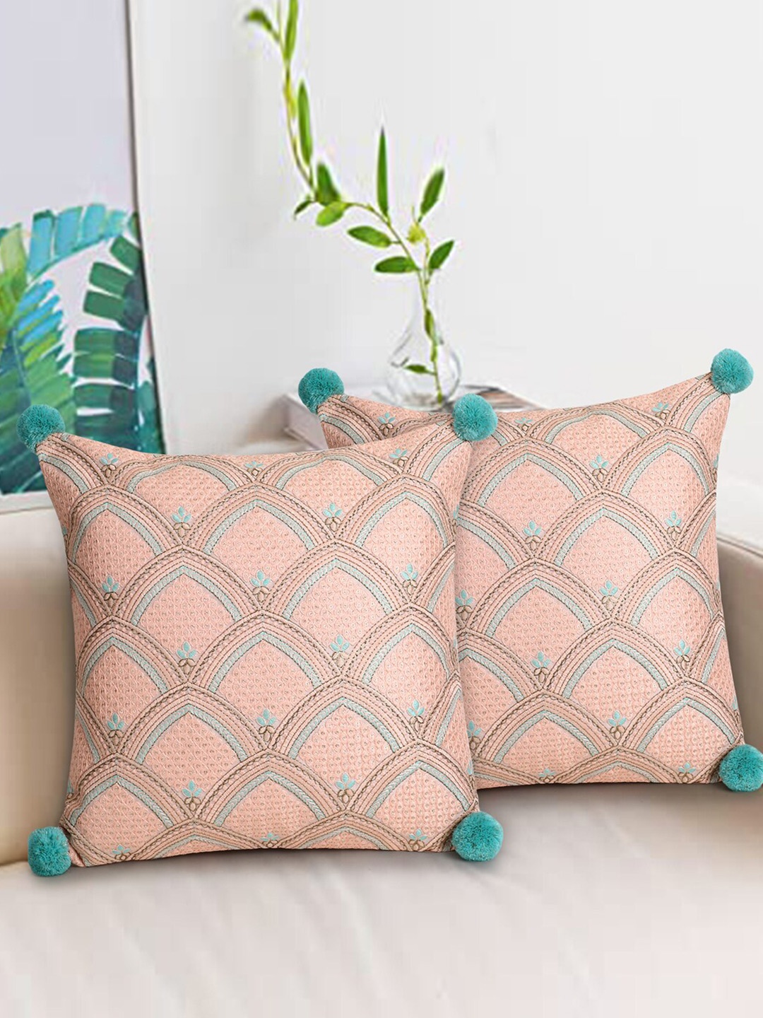 

Mezposh Coral & Sea Green Embroidered Square Cushion Covers Set of 2
