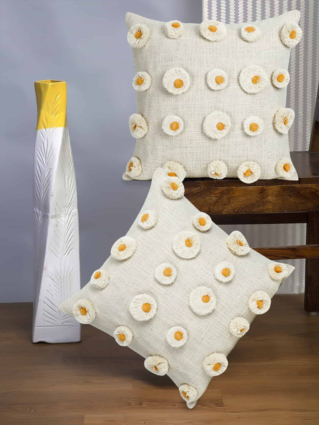 

Mezposh Off White & Mustard Square Cotton Cushion Covers Set of 2