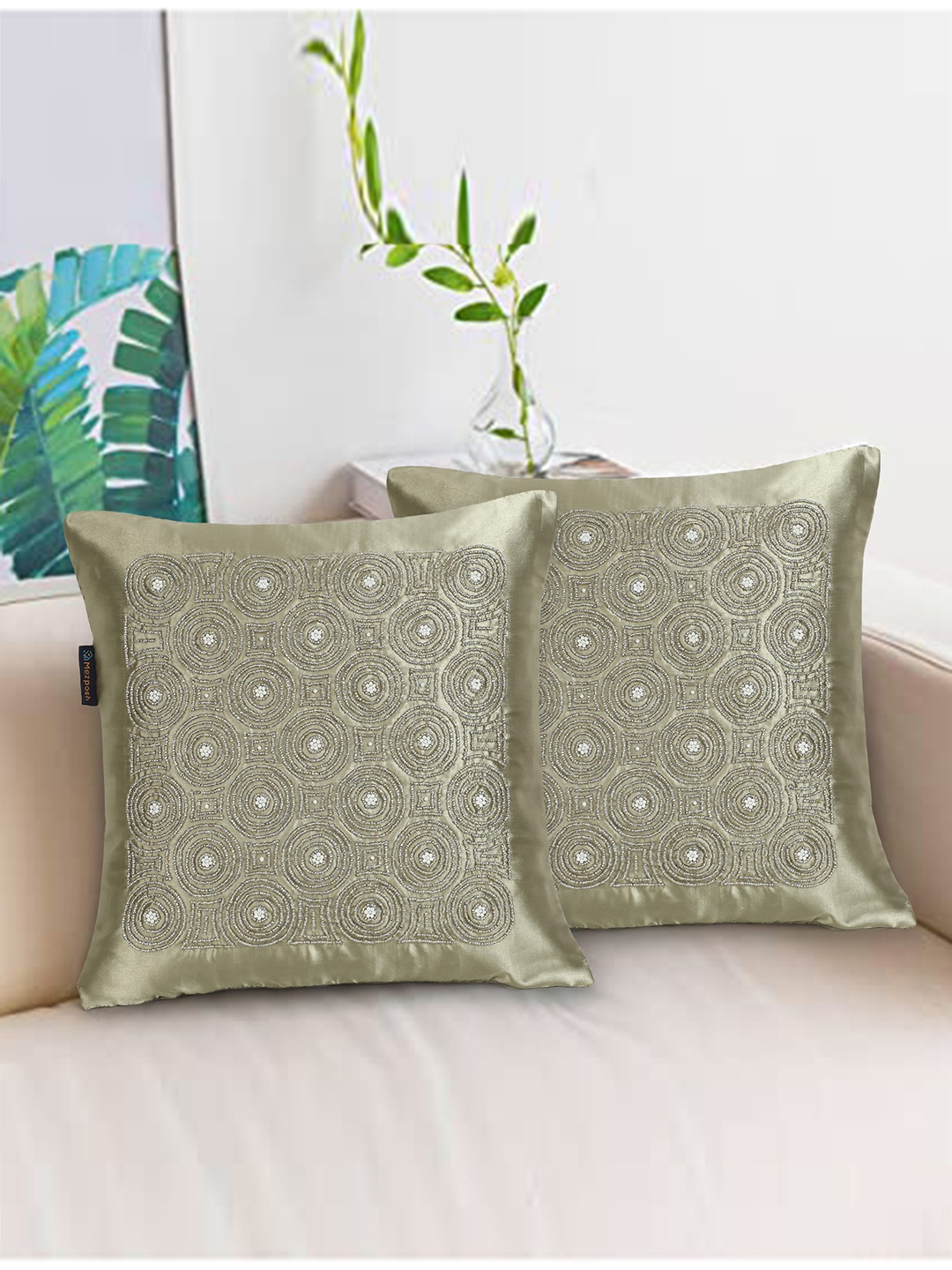 

Mezposh Olive Green & White Set of 2 Embellished Satin Square Cushion Covers