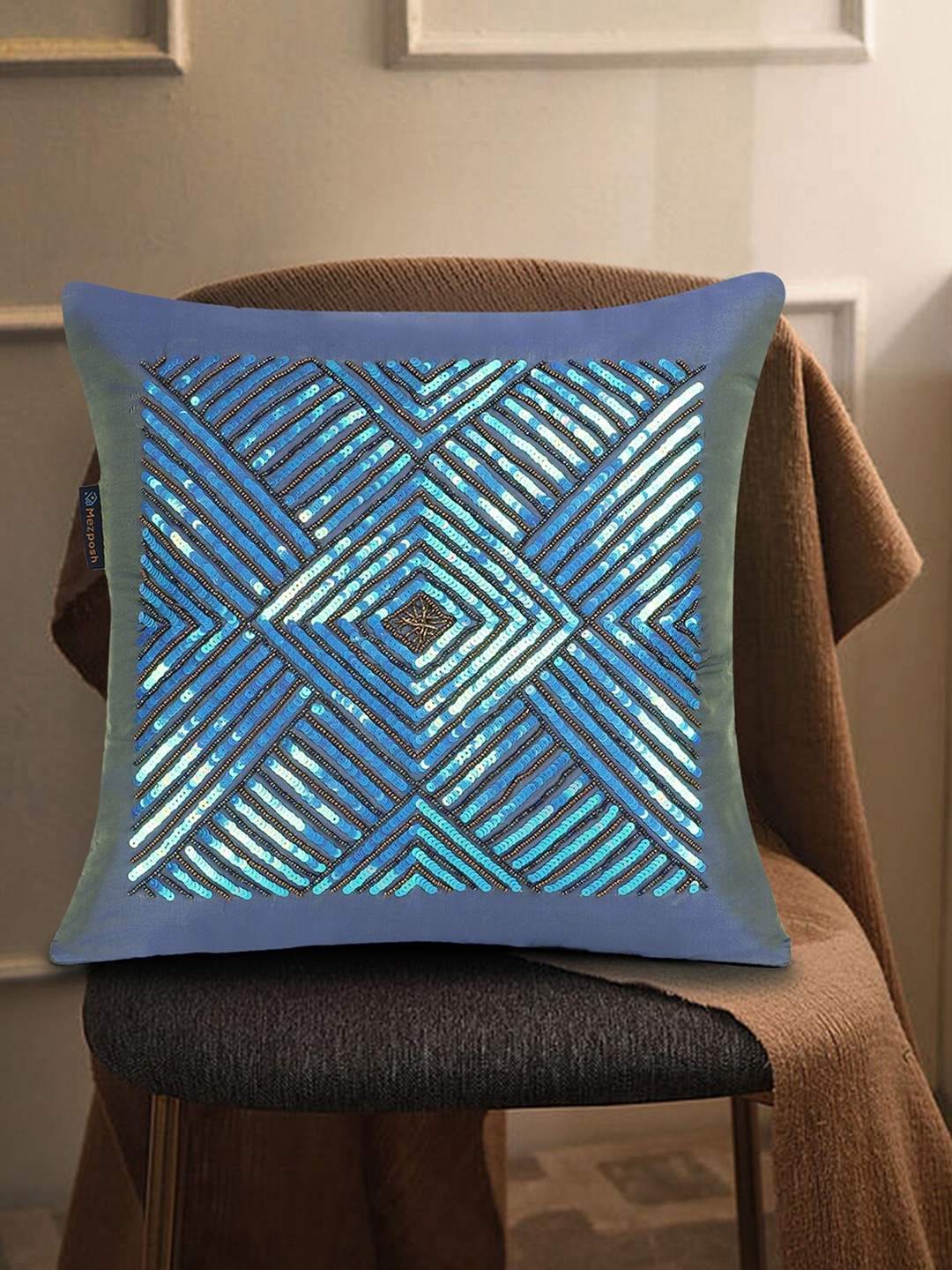 

Mezposh Blue Embellished Square Silk Cushion Covers
