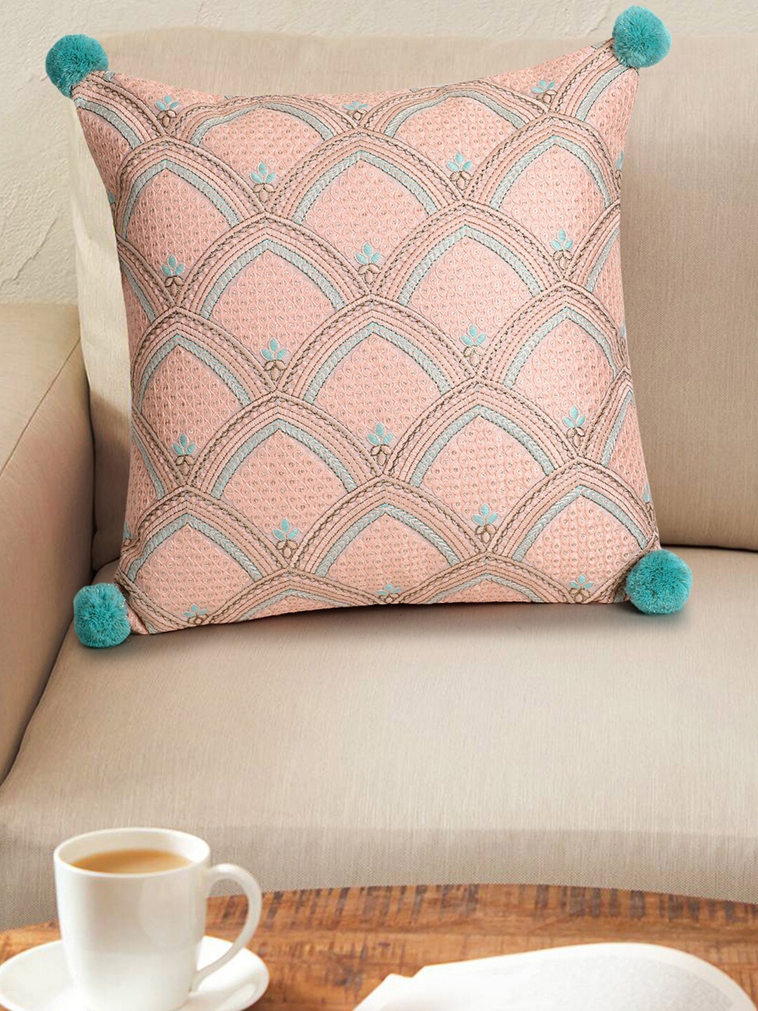 

Mezposh Coral & Green Embroidered Ethnic Motifs Square Cushion Covers