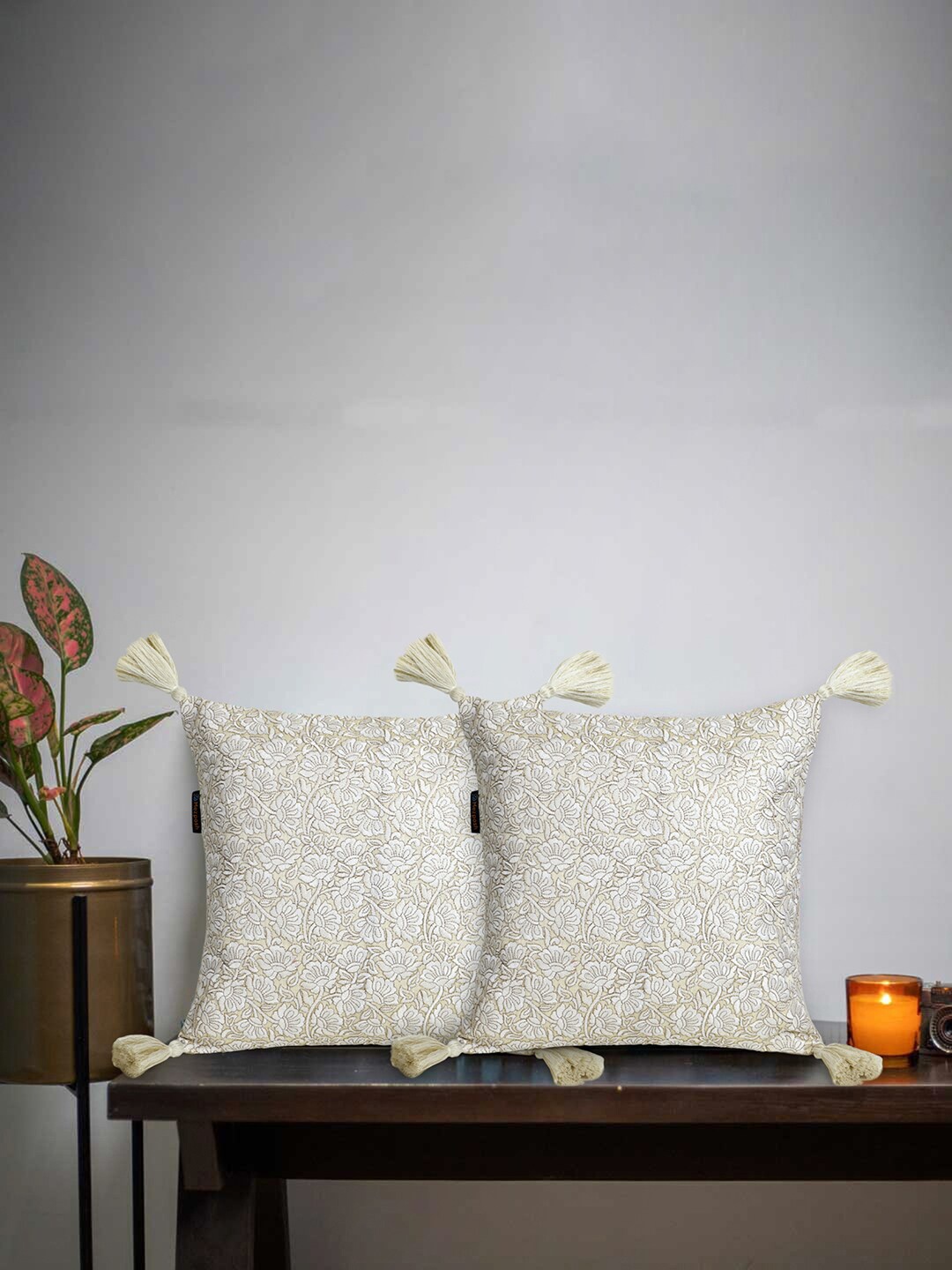 

Mezposh White & Cream-Coloured Embroidered Square Cushion Covers Set of 2