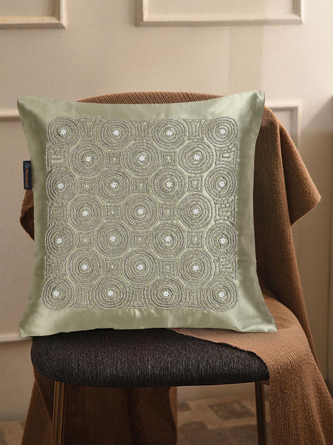 

Mezposh Olive Green Embellished Satin Square Cushion Covers