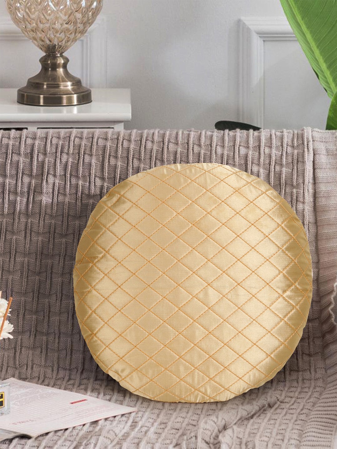

Mezposh Cream-Coloured Geometric Satin Round Cushion Covers