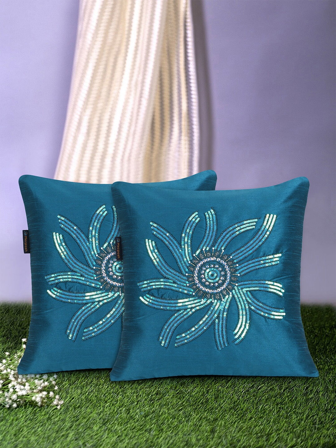 

Mezposh Teal Embellished Silk Square Cushion Covers Set of 2