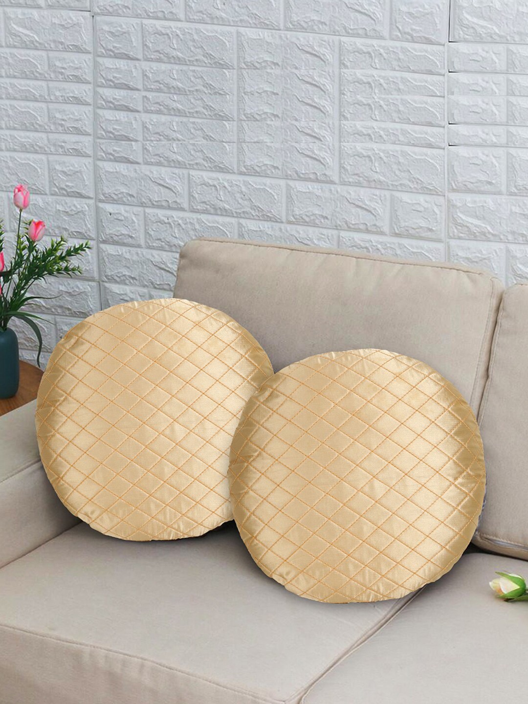 

Mezposh Cream-Coloured Set of 2 Geometric Satin Round Cushion Covers