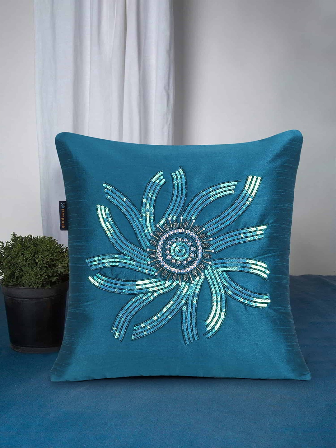 

Mezposh Teal Embellished Square Cushion Covers