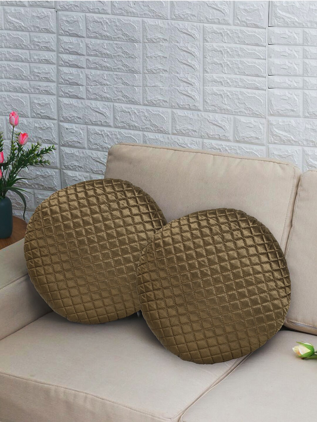 

Mezposh Coffee Brown Set of 2 Geometric Satin Round Cushion Covers