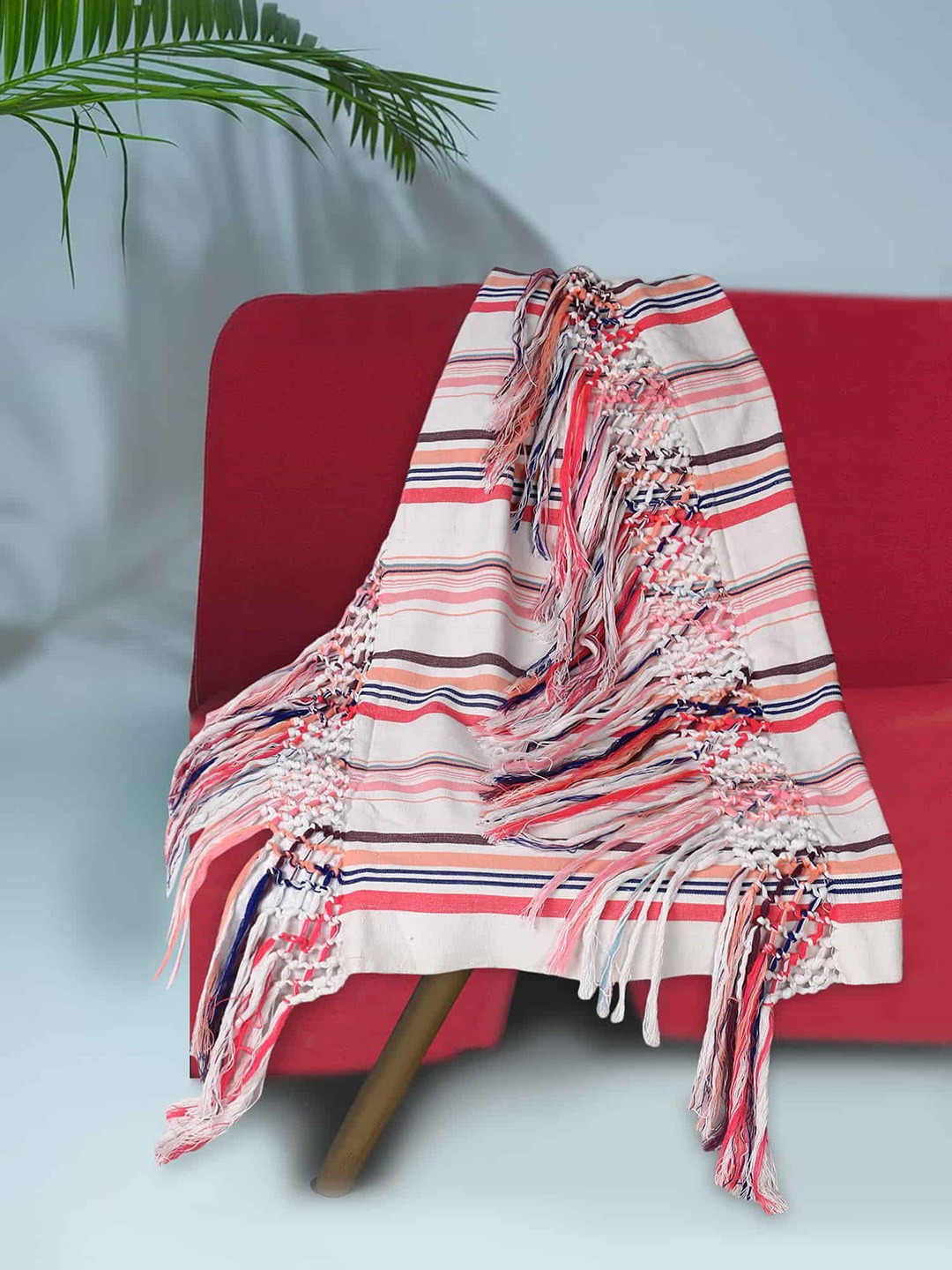 

Mezposh White & Red Striped Cotton Sofa Throw With Tassels