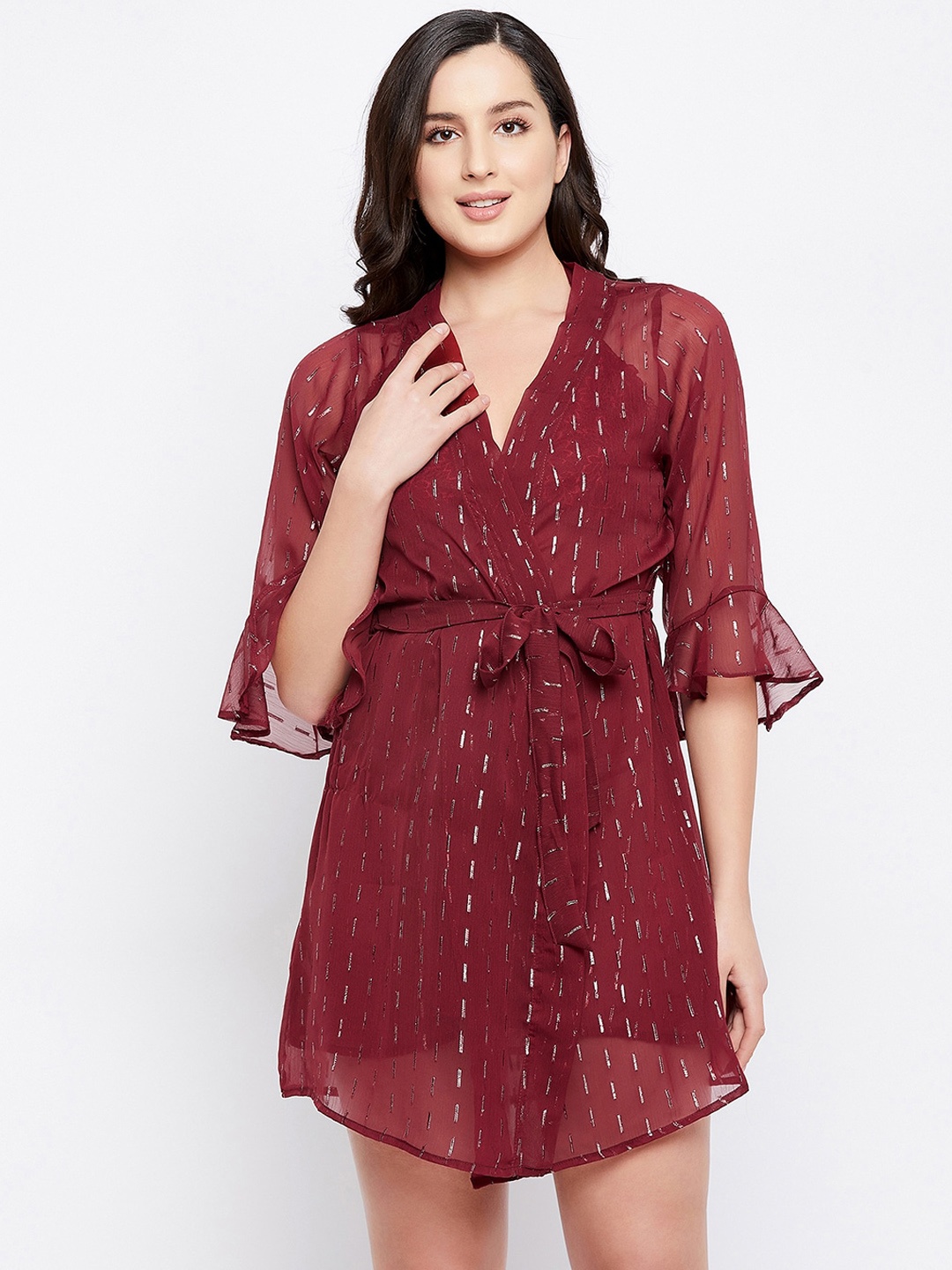 

Clovia Women Maroon Printed Sheer Robe