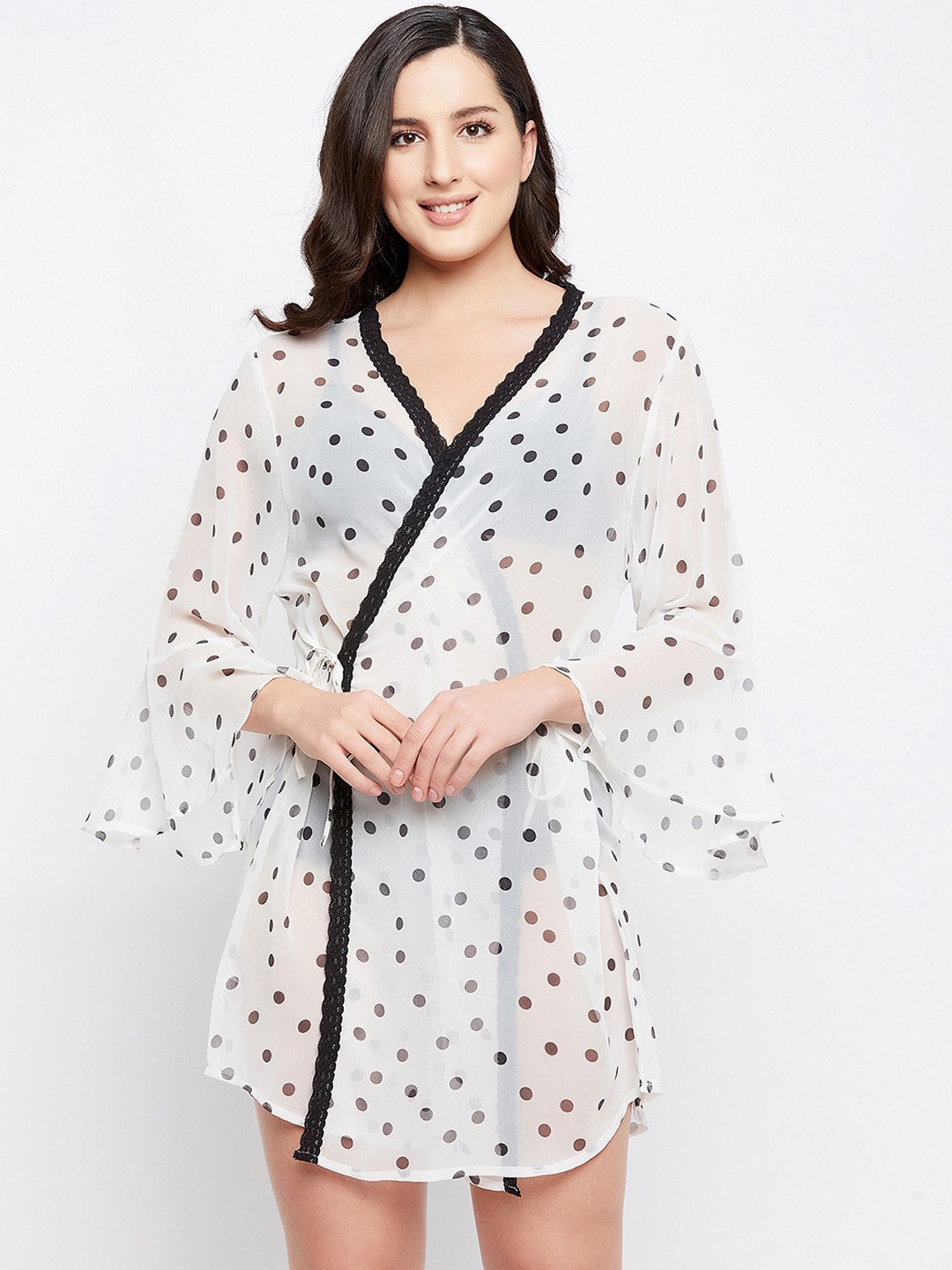 

Clovia Women White & Black Georgette Printed Me Pretty Sheer Robe
