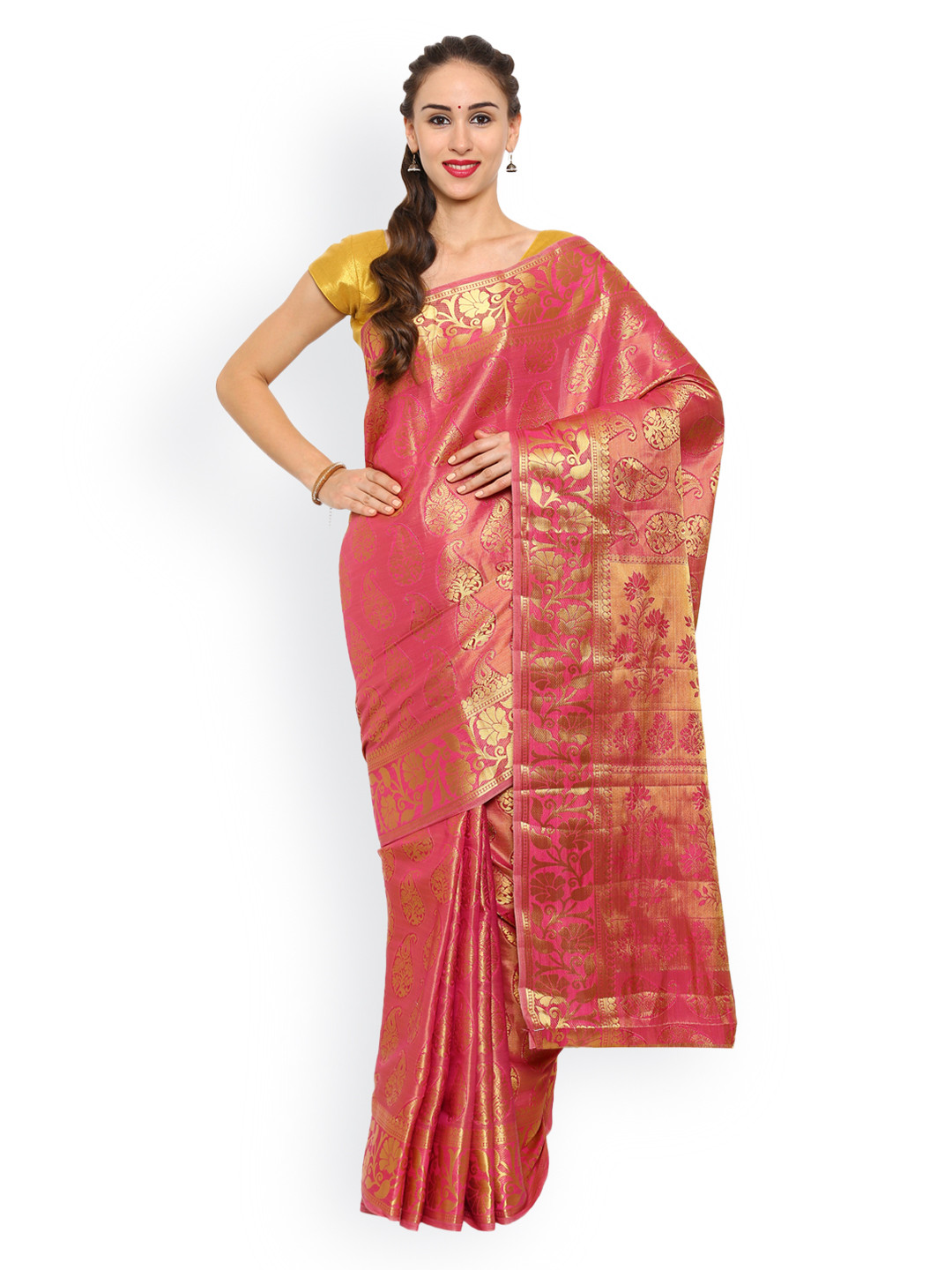 

MIMOSA Pink & Gold-Toned Kanjeevaram Art Silk Traditional Saree