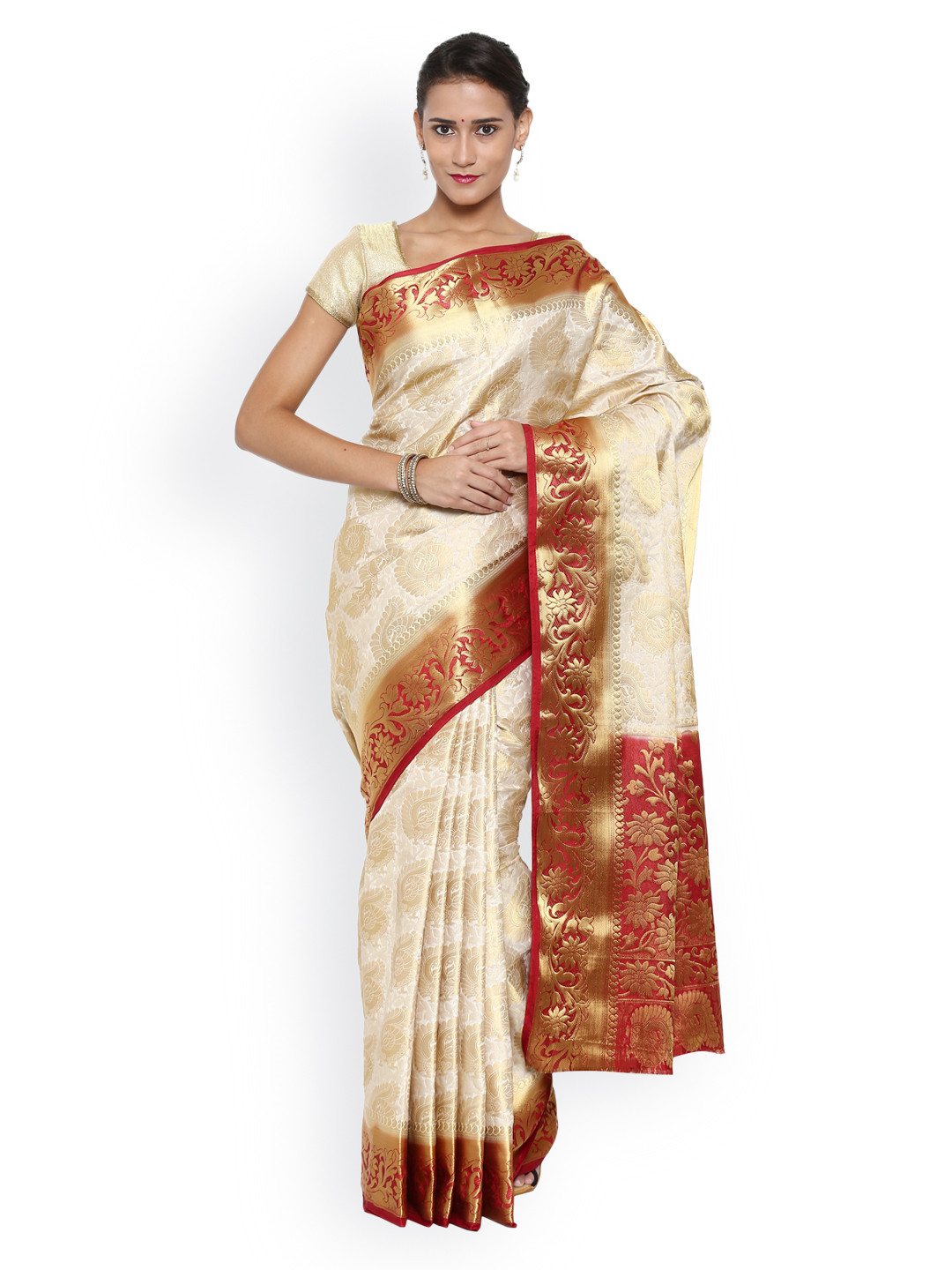 

MIMOSA Off-White & Gold-Toned Kanjeevaram Art Silk Traditional Saree
