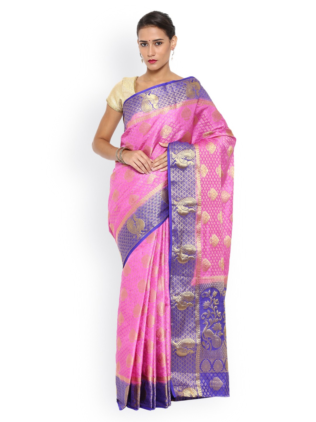 

MIMOSA Pink & Gold-Toned Kanjeevaram Art Silk Traditional Saree