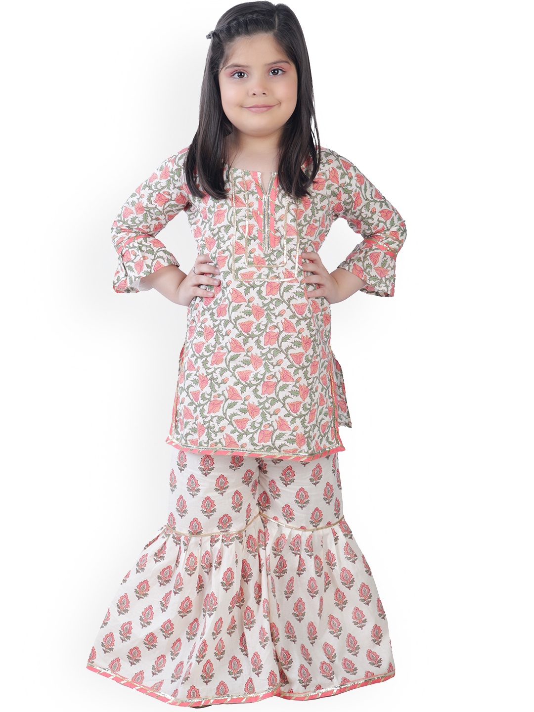 

ahhaaaa Girls Pink Floral Printed Panelled Pure Cotton Kurti with Sharara