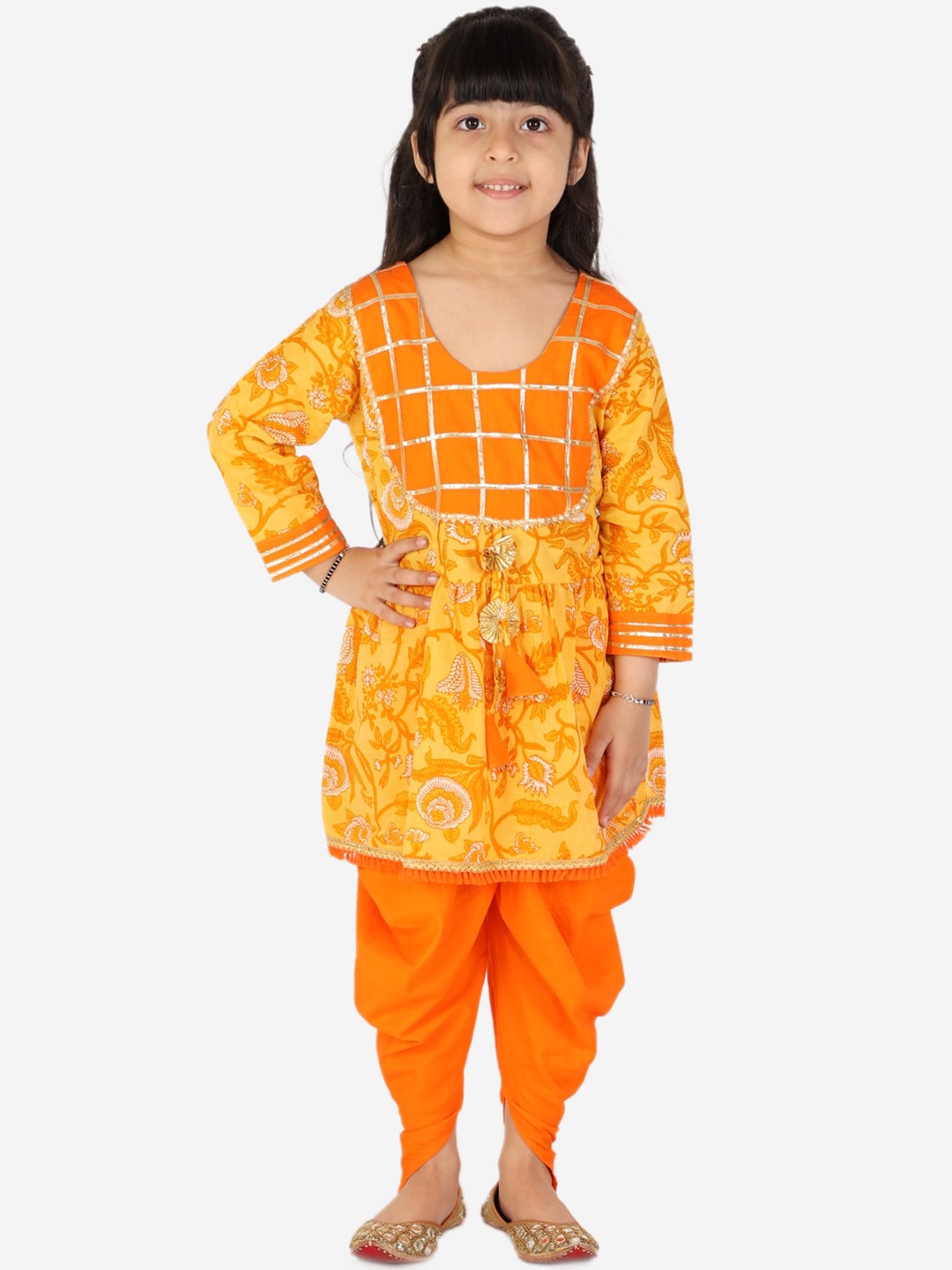 

ahhaaaa Girls Mustard Yellow Ethnic Motifs Printed Pure Cotton Kurta with Dhoti Pants