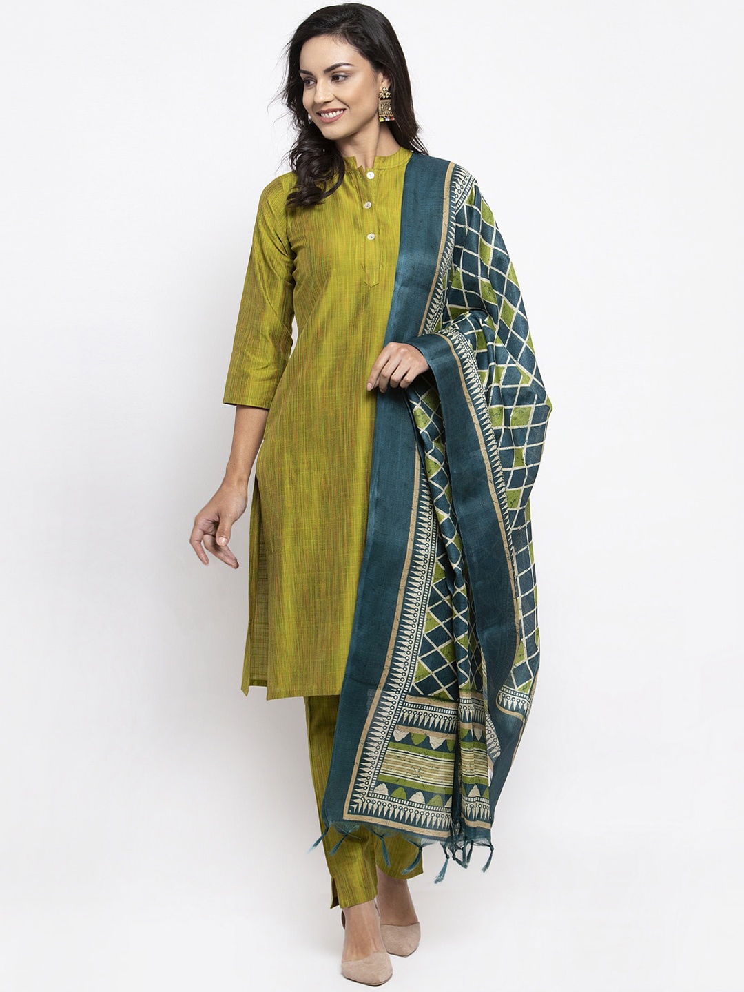 

Jompers Women Green Panelled Kurti with Trousers & With Dupatta