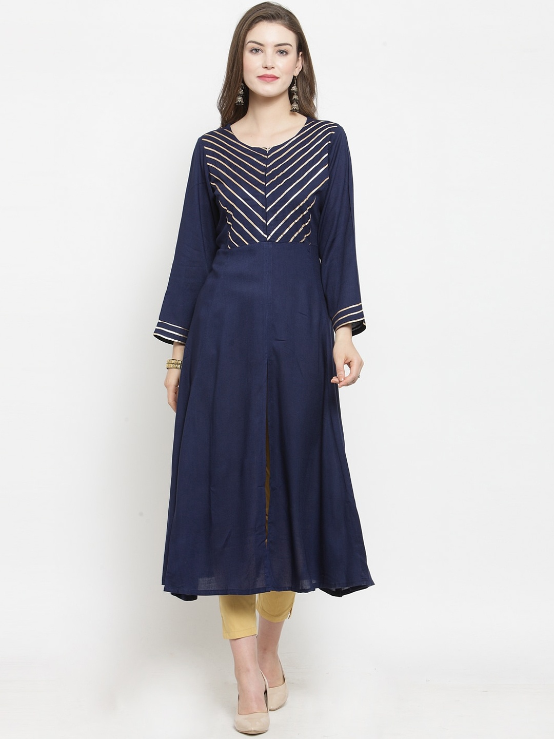 

Jompers Women Navy Blue Geometric Embellished Gotta Patti Kurta