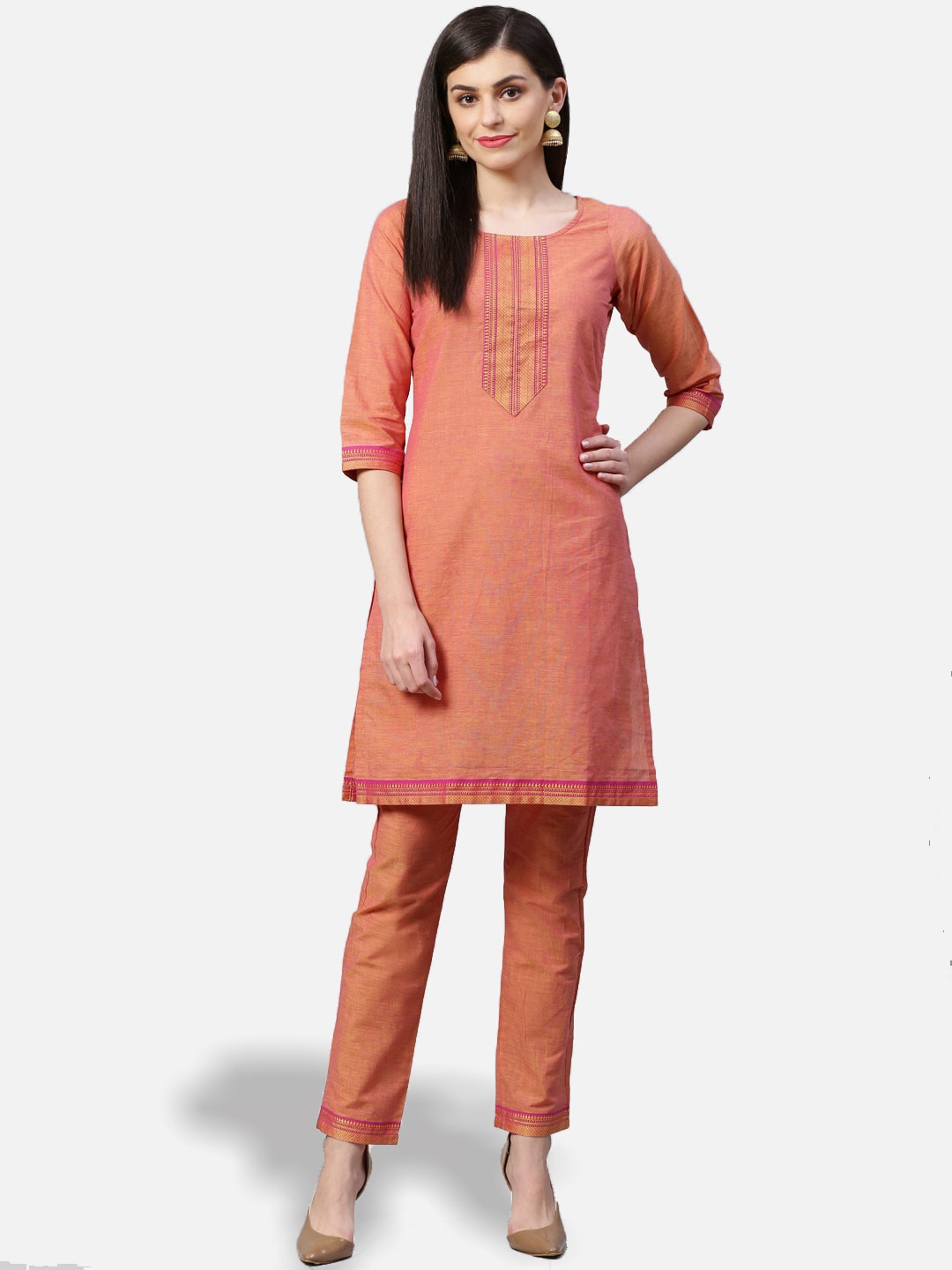 

Jompers Women Orange Yoke Design Pure Cotton Kurti with Trousers