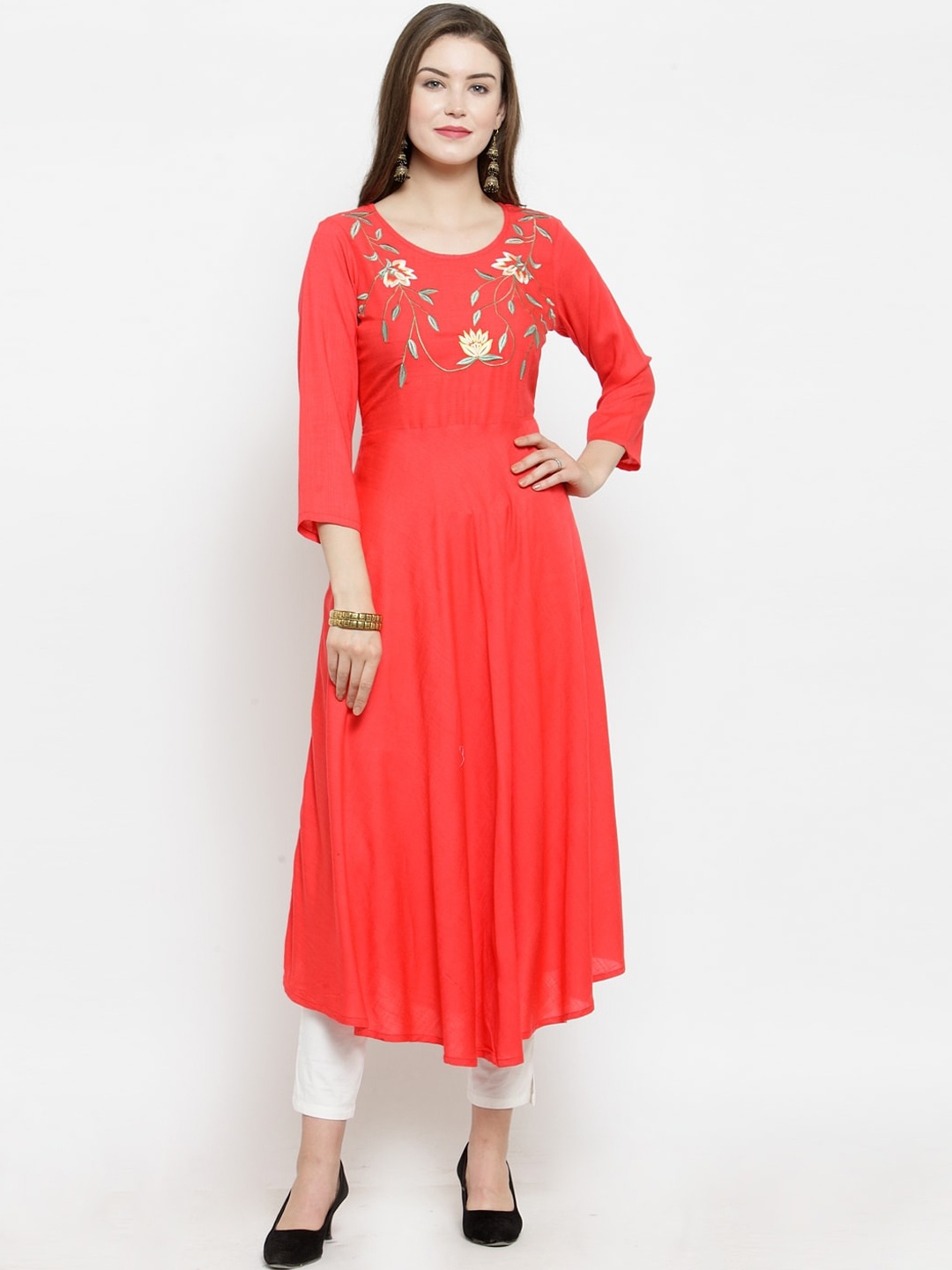 

Jompers Women Peach-Coloured Embroidered Floral Anarkali Kurta