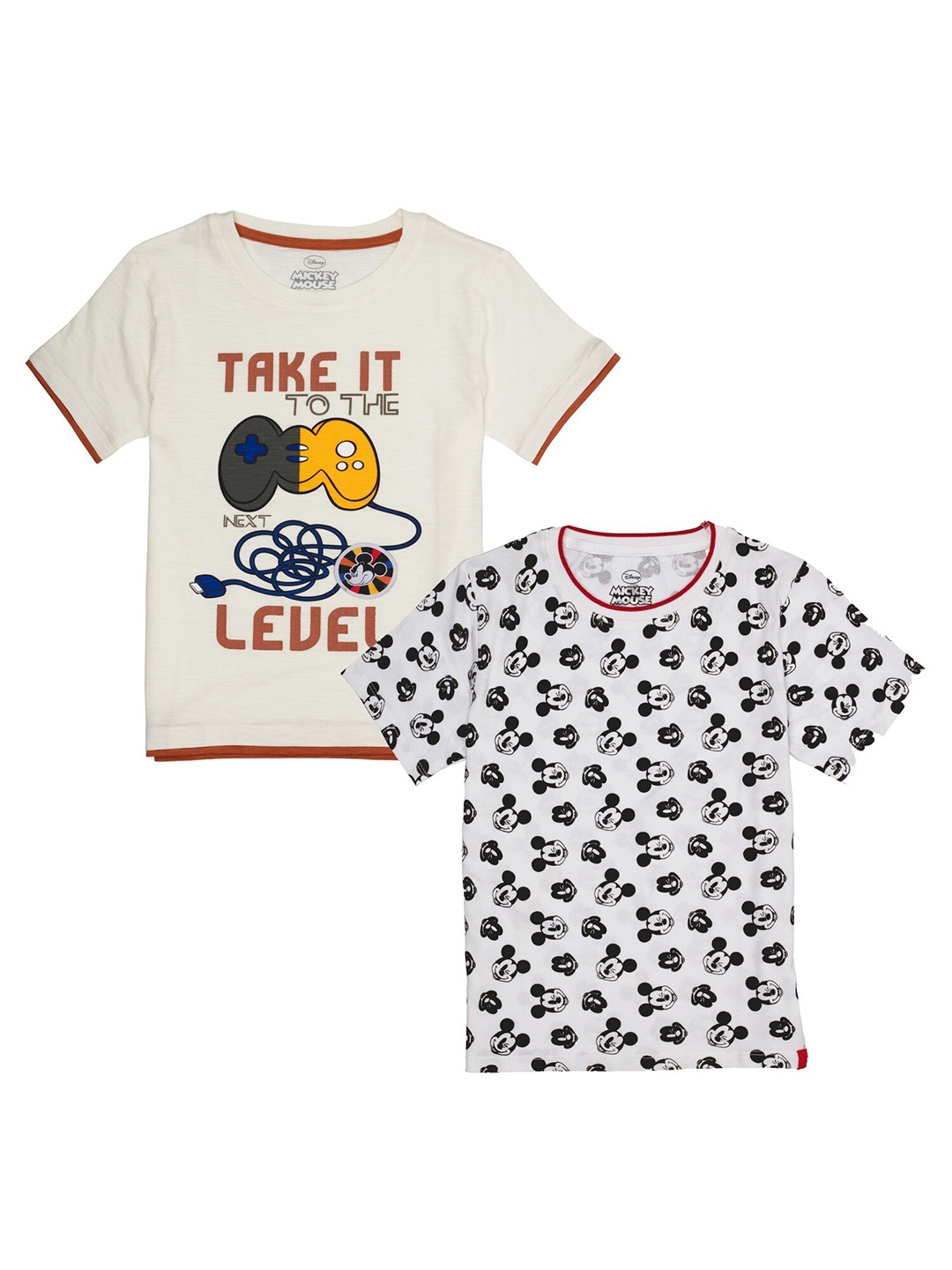 

Disney Boys Pack Of 2 White & Off White Mickey Mouse Printed Pure Cotton T-shirt