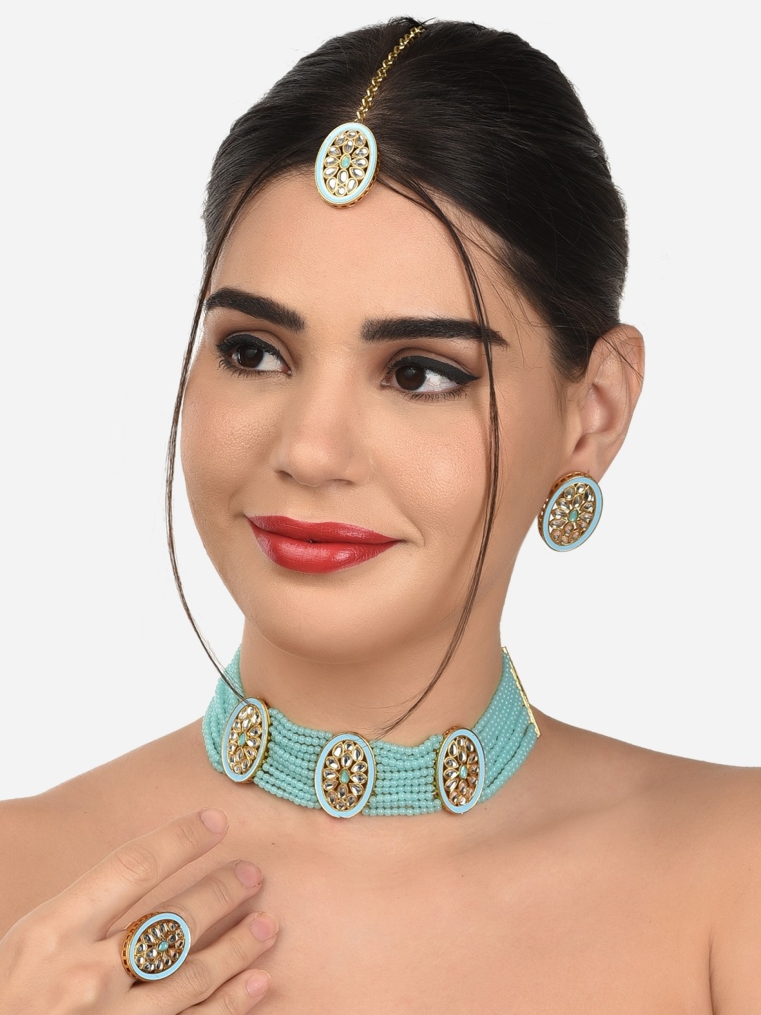 

Zaveri Pearls Gold-Plated Turquoise Blue & White Stone-Studded & Beaded Jewellery Set