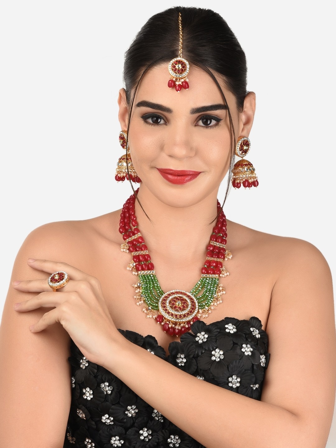 

Zaveri Pearls Gold-Plated Maroon & Green Stones-Studded & Beaded Bridal Jewellery Set