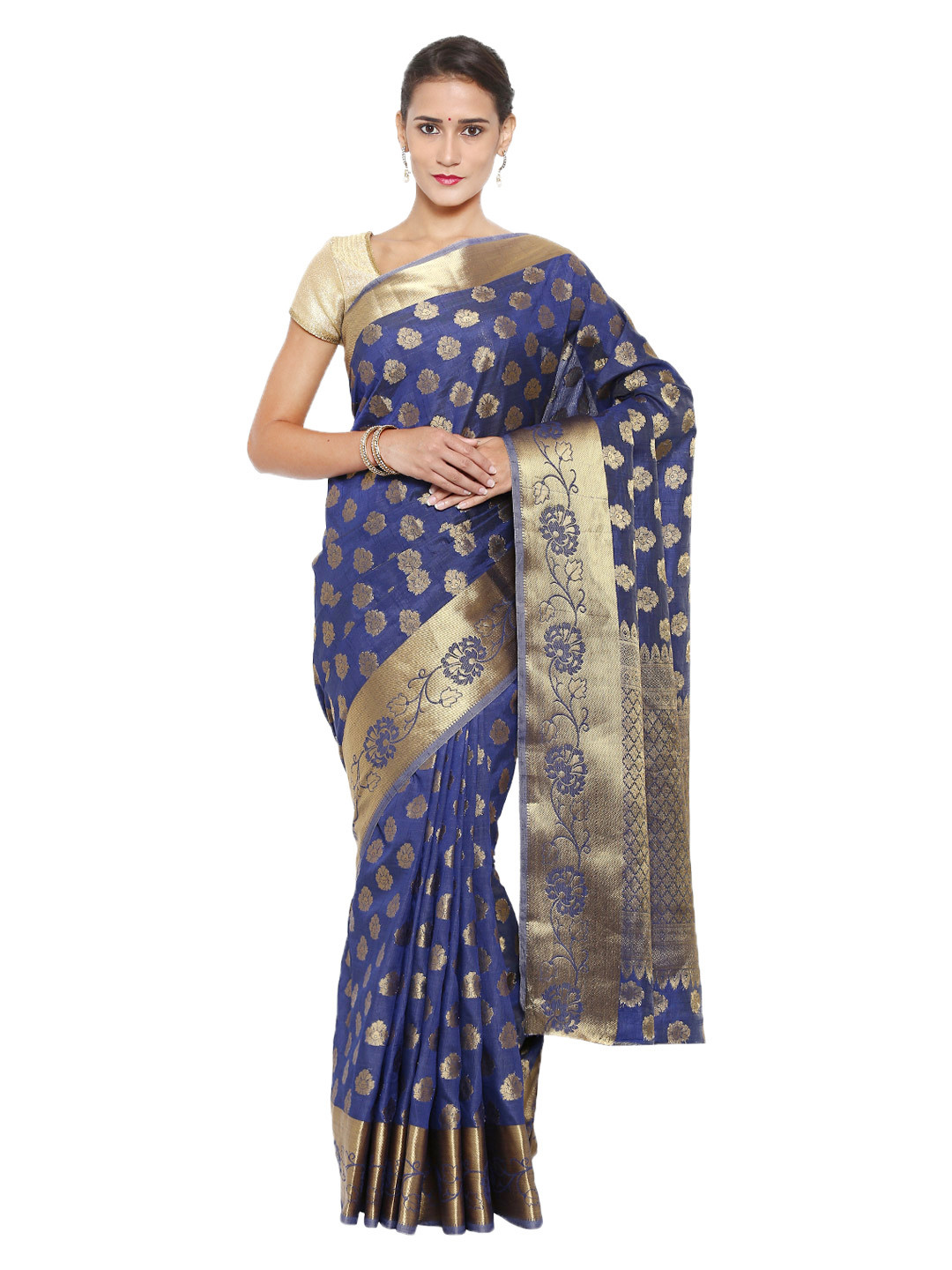 

MIMOSA Navy Kanjeevaram Style Tussar & Art Silk Traditional Saree, Navy blue