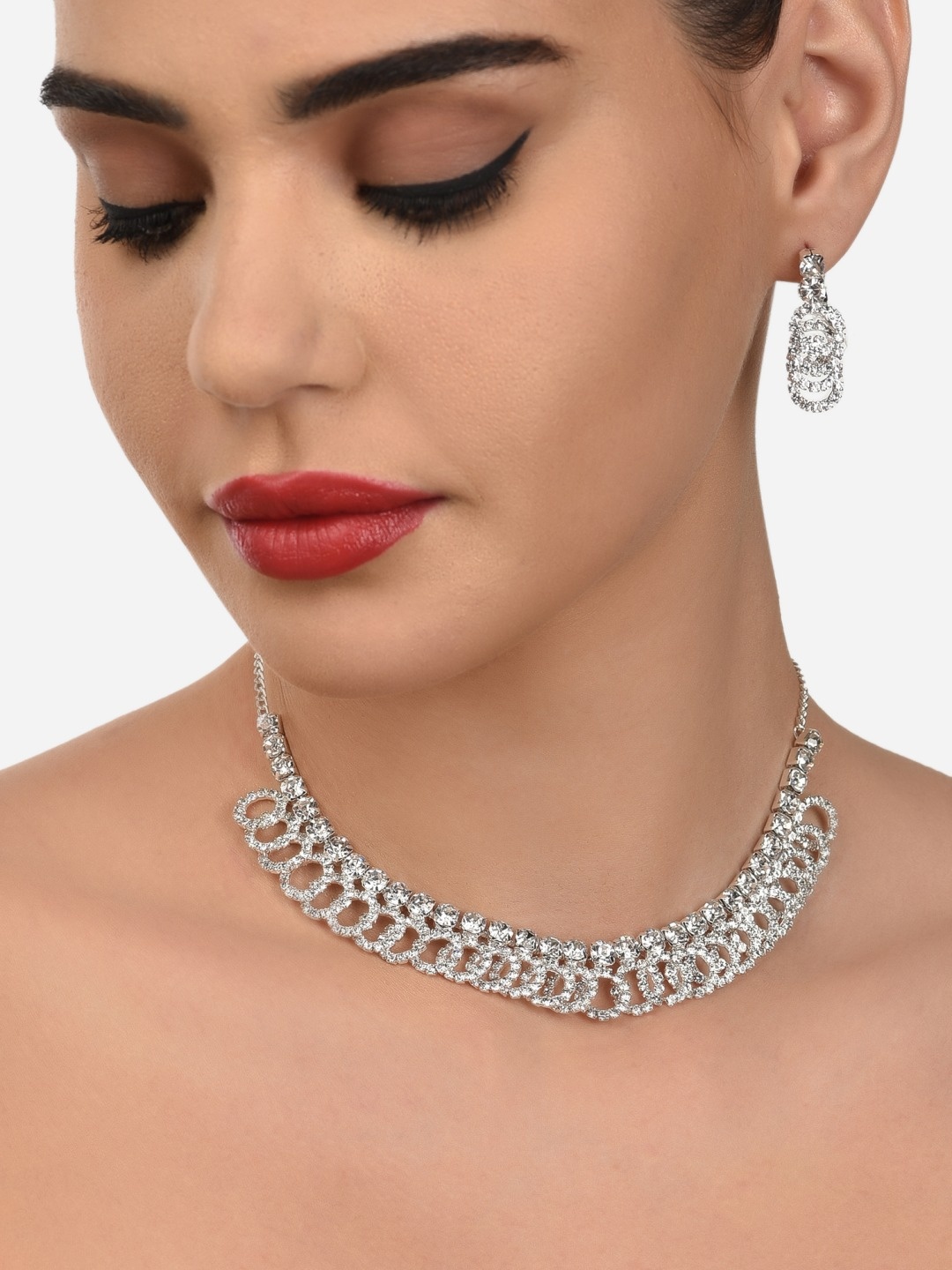 

Zaveri Pearls Silver-Plated Stone Studded Jewellery Set