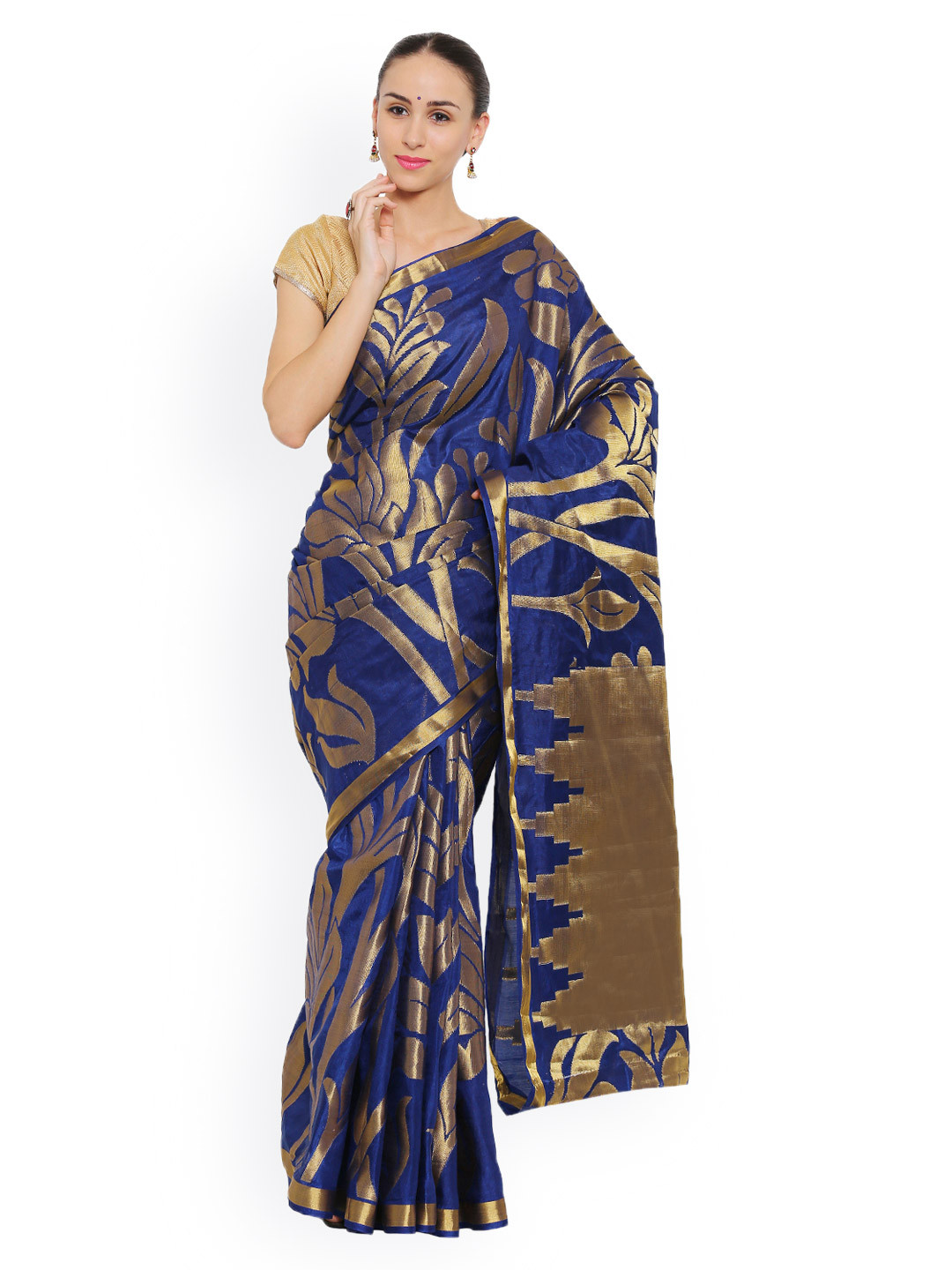 

MIMOSA Navy Kanjeevaram Style Tussar & Art Silk Traditional Saree, Navy blue