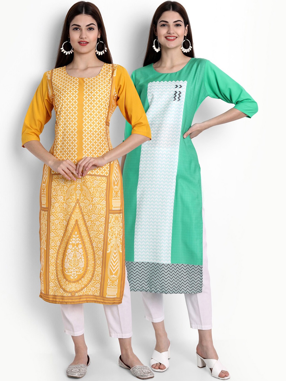 

Ethnic basket Women Pack of 2 Ethnic Motifs Printed Crepe Kurta, Mustard