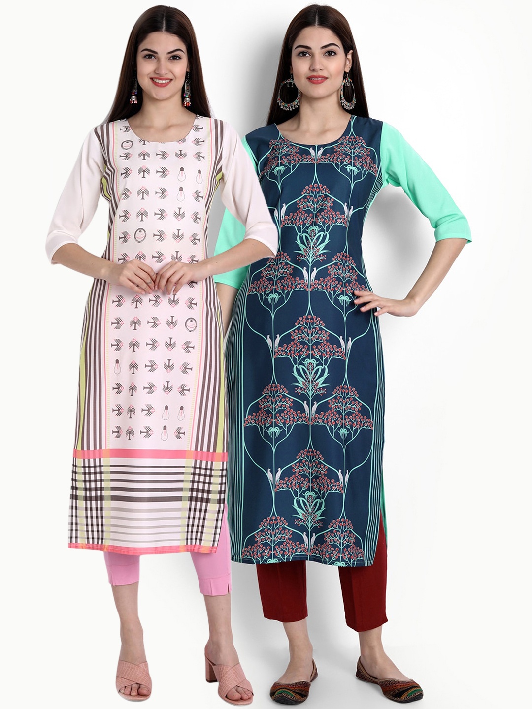 

Ethnic basket Women Pack Of 2 Pink & Blue Ethnic Motifs Printed Crepe Kurta