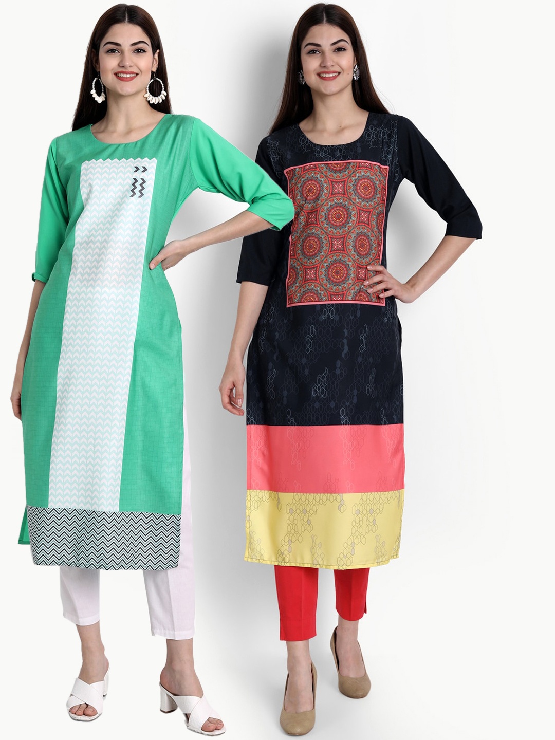 

Ethnic basket Women Pack of 2 Printed Crepe Kurta, Green