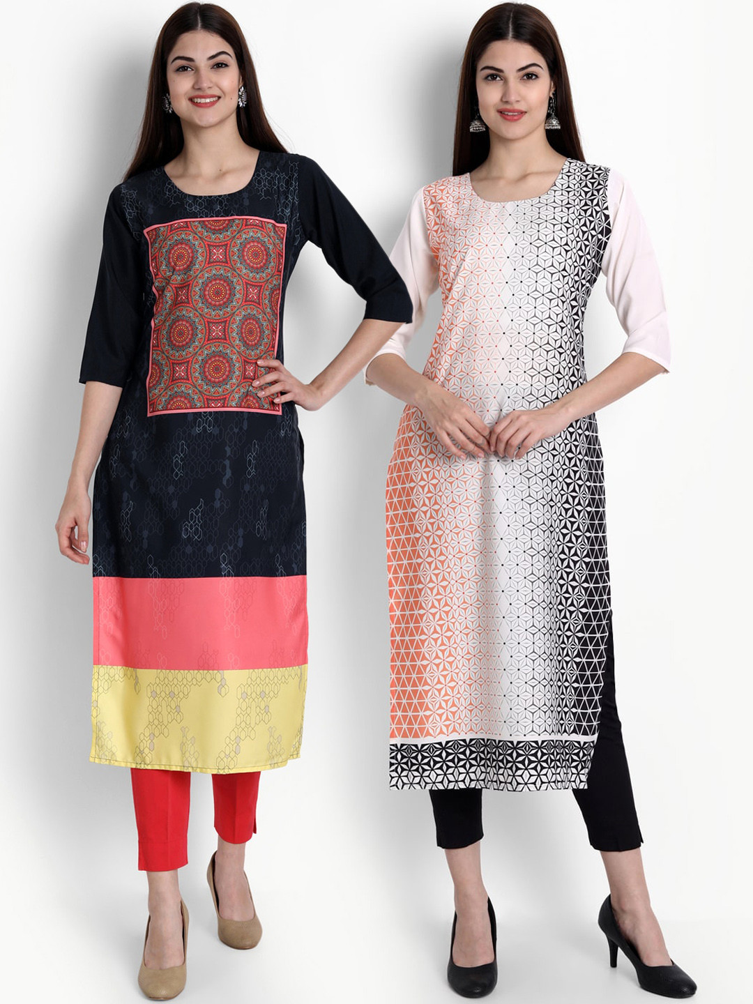 

Ethnic basket Women Pack of 2 Digital Printed Straight Kurtas, Black