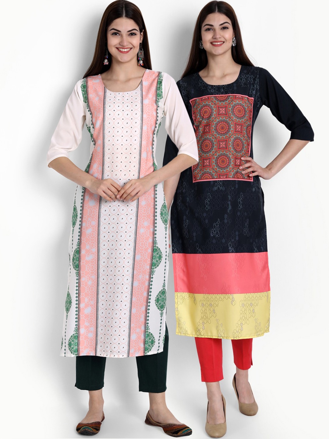 

Ethnic basket Women Pack Of 2 White & Navy Blue Ethnic Motifs Printed Crepe Kurta