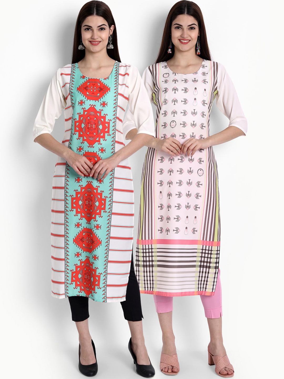 

Ethnic basket Women Pack of 2 Multicoloured Ethnic Motifs Printed Crepe Kurta, Multi