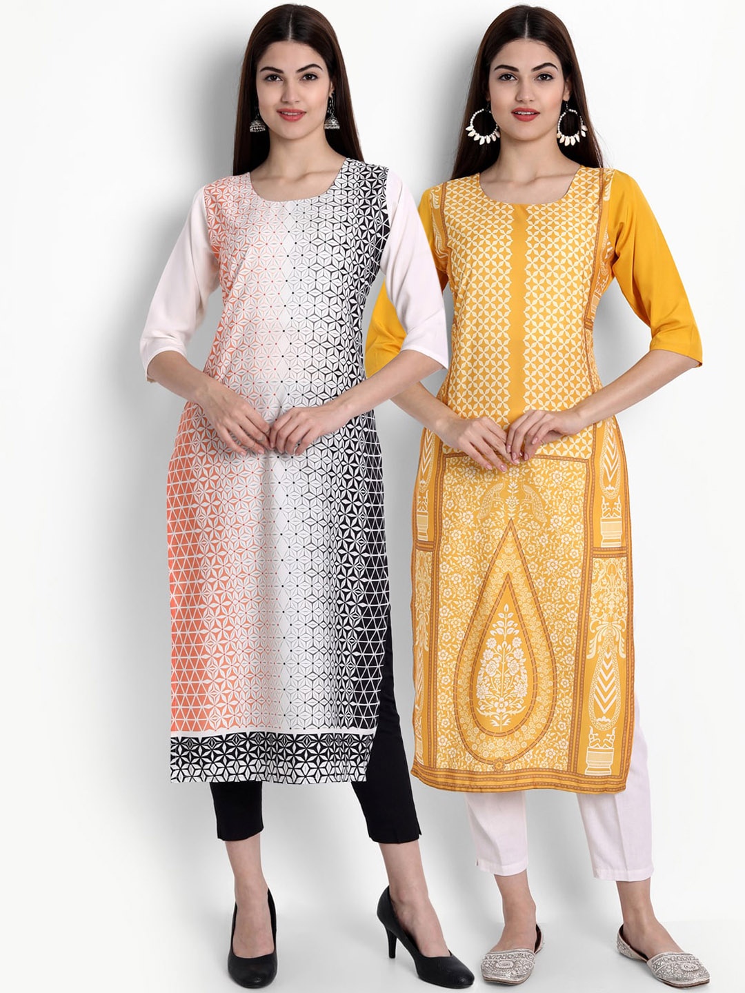 

Ethnic basket Women Set Of 2 Yellow & White Floral Printed Crepe Kurta