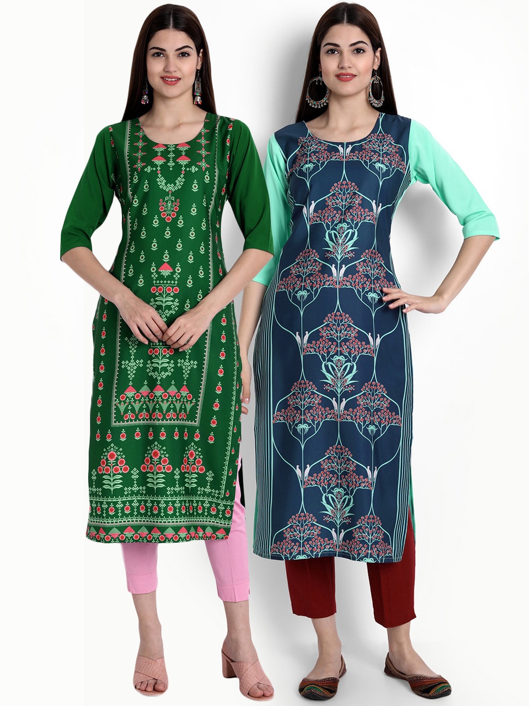 

Ethnic basket Women Pack of 2 Ethnic Motifs Printed Crepe Kurta, Green
