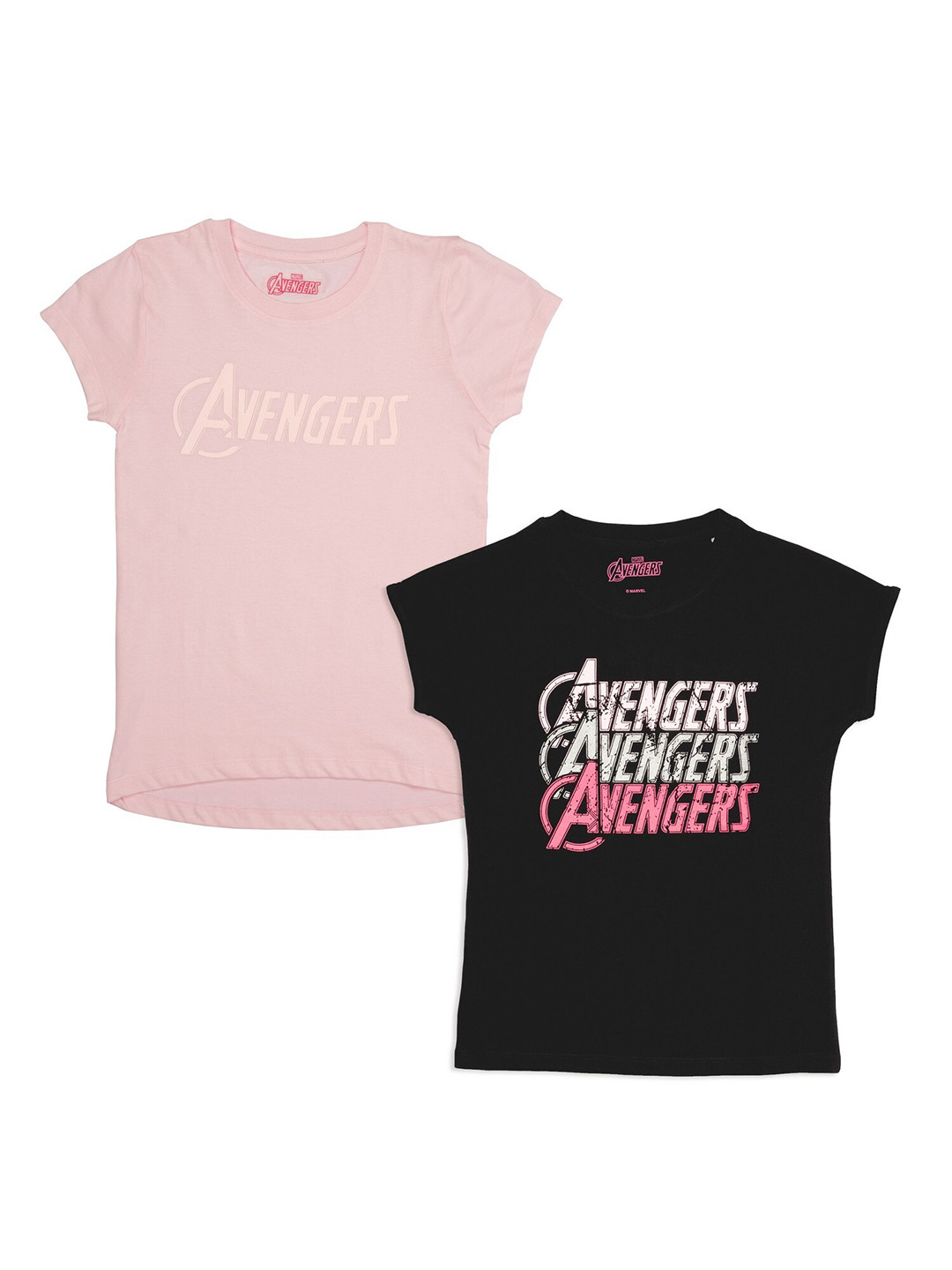 

Marvel Girls Set Of 2 Pink & Black Typography Avengers Printed Pure Cotton T-shirt