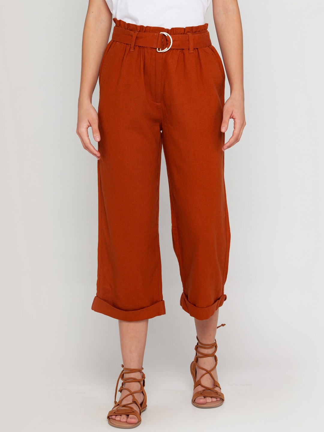 

Zink London Women Brown High-Rise Culottes Trousers