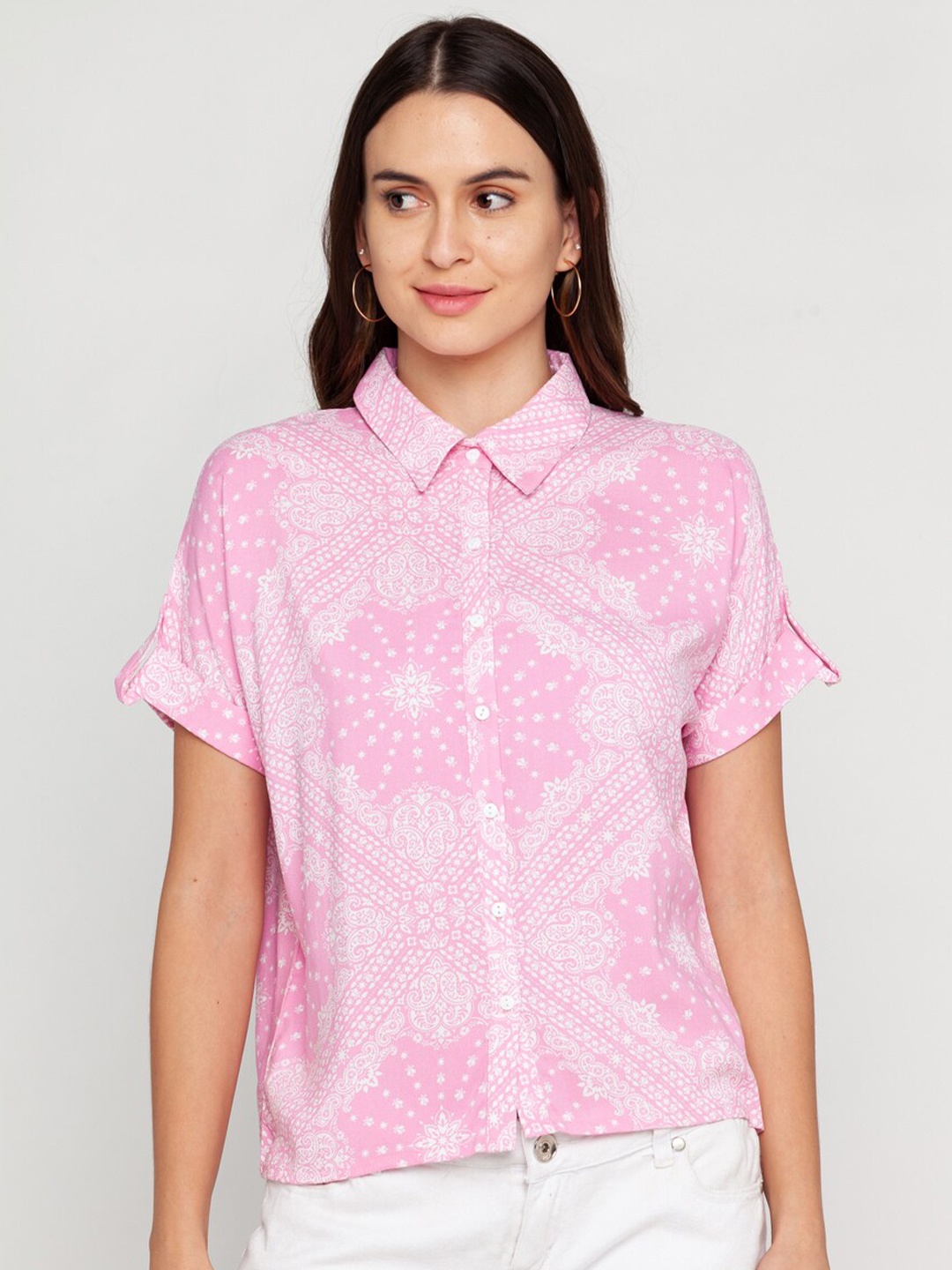 

Zink London Women Pink & White Printed Casual Shirt