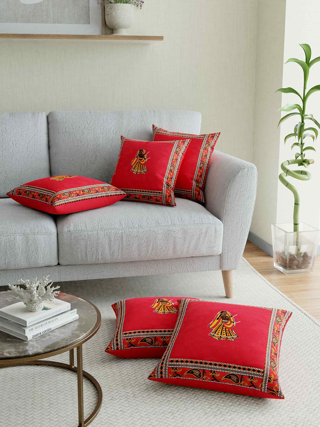 

JAIPUR FABRIC Red & Black Applique Ethnic Motifs Square Cushion Covers Set of 5