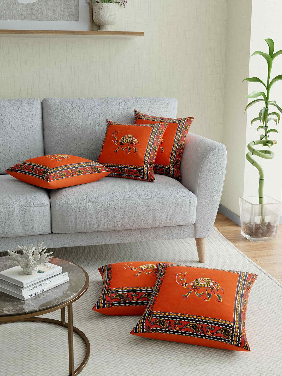 

JAIPUR FABRIC Orange & Yellow Applique Ethnic Motifs Square Cushion Covers Set of 5